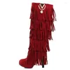 Boots Boots ENMAYER Plus Size 32-43 Flock Winter Fur Women High Heels Knee Fringe Tassels Fashion Black Brown Red LY19930758 X0817