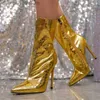 Сапоги Liyke Полеза в стиле моды серебряной кожаные кожаные ботинки для ботинок с тонкими высокими каблуками.