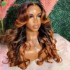 220%density Ombre Ginger Brown Colored 13x6 HD Transparent Lace Frontal Wig Wave Pre-Plucked 12A Grade Lace Closure Human Hair Wig for Women