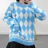 Women's Sweaters Oversized Sweater Women Argyle Plaid Pullover 2023 Autumn Winter Frayed Round Neck Fashion Lazy Oaf Pullovers Tops