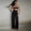 Kvinnors tvåbitar byxor 2023 Summer Women Black Color Sexy Bandage Two-Pieces Strapless Peading Halter Mini Tops Long