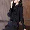 Bluzki damskie Spring French Ruffle Scyk Black Black Shirt Lace Cor Szyfonowy Bluzka Top Kobiety 4xl