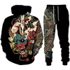 Traccetti da uomo Samurai Oni Mask Tattoo Stampa 3D con cappuccio/tuta per set di abbigliamento da strada harajuku Set di abbigliamento da uomo 2 pezzi da pista da binari sportivo