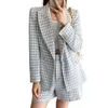 Tracksuits voor dames zomer geruite pak retro Double Breasted Fashion Blazer en Mini Shorts Lange Mouw Flap Pocket Office 2023