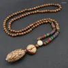 Pendant Necklaces Retro National Style Wood Beads Bodhi Peace Buckle Long Sweater Chain Men's And Women's Buddhist Necklace Wit