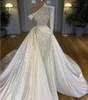 2023 Sexy Dubai Mermaid Wedding Dresses Illusion Pearls Beadings One Shoulder Satin Long Sleeve Overskirts Plus Size Bridal Gowns vestidos de novia