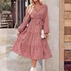 Casual Dresses Womens 2023 Crushed Flower Dress V Neck Long Sleeve Ruffle Smocked A Line Pleated Flowy Swing Summer Dressed