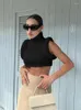 Damestanks Sexy Black Wit Turtleneck breien Crop Tank Tops Women Summer Casual Y2K Party Club Streetwear Splitte Mouwloze vesten