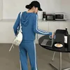 Women Streak Sports Hooded Coat Pants Long Sleeve Zipper Jacket High Waisted Wide Legged Sweatpants Casual Tracksuit