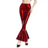 Women's Pants Sexy PU Leather Metallic Shiny Flare Clubwear Stage Performance Women Bodycon Elastic Waist Bell Bottom Trousers