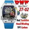 RMF 27-02 Męskie Watch Real Tourbillon Mechaniczne uzwojenie ręki Tpt Quartz Fibre Fibre szkielet szkieletowy Blue Nylon Pasek 2023 Super Edition Sport Eternity Watches