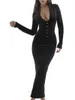 Casual Dresses Elegant Chic Deep V-ringknappar Up Long Dress for Women Party Clubwear Sleeve Black Slim Fit Female Vestidos