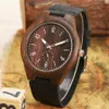 Andra klockor Ebony Wood Watch for Men Men's Small Seconds Face Analog Quartz Clock Manlig högkvalitativ svart läder trärjuvur 230816