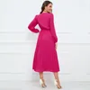 Casual Dresses 2023 Spring Autumn Women Long Sleeve V Neck Elastic Waist Elegant Party A Line Knot Ankle Length Pleated Dress