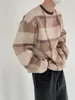 Men's Sweaters 2023 Winter Plaid Printing Wool Sweater Loose Thick Round Neck Knitting Long Sleeve Coats Blue/brown Color Pullover M-2XL