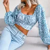 Womens TShirt Floral Crop Top Square Collar Laceup Bow Tie Slim Women Tshirt Long Sleeve Summer Clothes Female Tees Chiffon Casual Tops 230817