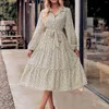 Casual Dresses Womens 2023 Crushed Flower Dress V Neck Long Sleeve Ruffle Smocked A Line Pleated Flowy Swing Summer Dressed