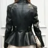 Women's Leather Moto Biker Zipper Spring Medium And Long Sheepskin Slim Fit Coat Office Lady Ruffles Lapel Genuine Jacket