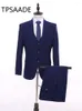 Herenpakken mode 3 stcs bruiloft bruidegom tuxedos groomsman man feest man mannelijke op maat gemaakte blazer pantel vest blauw plaid pak