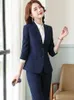 Kvinnors tvåbitar byxor Black Blue Grey 2 Set Women Pant Suit Office Ladies Formal Business Work Career Wear Blazer Jacket and byxor