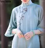 Ethnic Clothing 2023 Summer Retro Chinoiserie Style Literature And Art Improved Embroidery Stand Collar Inverted Large Sleeve Chic Cheongsam