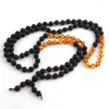 Pendant Necklaces Fashion Black Lava Stones Long Knotted Tassel Mala