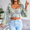Womens TShirt Floral Crop Top Square Collar Laceup Bow Tie Slim Women Tshirt Long Sleeve Summer Clothes Female Tees Chiffon Casual Tops 230817