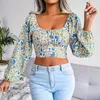 Kvinnor tshirt blommor skörd topp fyrkant krage snöre båge slips smala kvinnor tshirt långärmad sommarkläder kvinnliga tees chiffon casual tops 230817