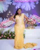 2023 8 월 ASO EBI Mermaid Gold Prom Drees Scire Sgip Sgile Scireped Lace Formal Party Second Party 생일 약혼 가운 드레스 Robe de Soiree ZJJ100