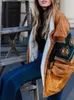 여자 트렌치 코트 캐주얼 패치 워크 긴 슬리브 램스 즈우 코트 느슨한 버튼 면화 갈색 줄무늬 가을 겨울 스트리트웨어 여성 탑 2023
