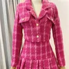 Arbeitskleider Landebahn Frühling Koreanisch Luxus Gold Knopf Plaid Frauen süße Kurzmanteljacke Hochwertiges Faltenrock 2 Stück Set Anzug