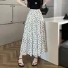 Skirts Vintage Summer Print Floral Skirt Women Elegant Stretch Elastic High Waist Maxi Long A-Line Pleated Jupe Longues Femme