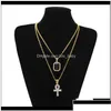 Pendant Necklaces Men S Egyptian Ankh Key Of Life Necklace Set Bling Iced Out Cross Mini Gemstone Gold Sier Chain For Women Hip Hop Je Dhh0B