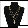 Colliers pendants Men S Egyptien ankh Clé de la vie Collier Set Bling Iced Out Cross Mini Gemstone Gold Sier Chain for Women Hip Hop JE DHH0B