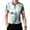 Casual shirts heren heren heren korte mouw zomerlandschap schilderij shirt jongens hoogwaardige button up faux zijde Chinese stijl plus maat 3xl