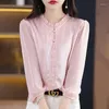 Women's Sweaters Silk Women T-Shirts Spring Summer O-Neck Three Quarter Sleeve Tees Casual Solid Color Bottom Beading Loose Female Tops