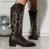 Boots Embroidered Black Long Boots Women 2023 Autumn Pu Leather Knee High Boots Woman Plus Size 43 High Heels Cowboy Shoes Botas Mujer T230817