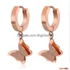Hoop Huggie Stainless Steel Rose Gold Butterfly Earrings For Women Fashion Jewelry Double Matte Hie Pendants Gift 1 Pair Drop Delive Dhveo