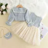 Vestidos da menina outono novas meninas princesa adorável xadrez vestido superior + casaco retro retalhos conjunto moda casual pastoral macio confortável conjunto