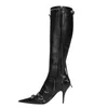 Dress Shoes YJXKJY Pointed Toe Party Punk Rivet Tassels Woman Thin High Stilettos Heels Vintage Metal Buckle Zipper Knee Long Boot 230816