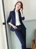 Kvinnors tvåbitar byxor Black Blue Grey 2 Set Women Pant Suit Office Ladies Formal Business Work Career Wear Blazer Jacket and byxor