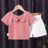 Ensembles de vêtements Costumes de vêtements pour enfants d'été pour filles bébé short à manches courtes 2 pièces ensemble enfants vague point vêtements de détente avec arc