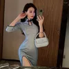 Ethnic Clothing Autumn Vintage Qipao Stand Neck 3/4 Sleeve Party Sequins Improved Cheongsam High Waist Slim Elegant Hollow Out Dress Women