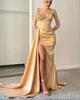 Strapless prom dresses high split sequins v neck satin champagne party dress sweep train dresses for special occasions