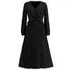 Casual Dresses 2023 Spring Autumn Women Long Sleeve V Neck Elastic Waist Elegant Party A Line Knot Ankle Length Pleated Dress