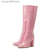 Boots Comemore Spring Autumn Shoes 2022 Motorcycle Women Pointed Toe Zip Knee High Boots Fashion Pink Square Heels Party Long Boot 42 T230817