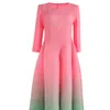 Casual Dresses Miyake Pleated Chic Flower Bud Fuchsia Gradient Party Dress for Women Elegant Three-Quarter Hyls Loose Evening Midi