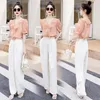 Kvinnors tvåbitar byxor 2023 Summer Women Pieces Suits Short Sleeve Floral Tops Long Wide Leg Trousers Lady 2 Sets