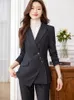 Women's Two Piece Pants Women Formal Striped Pant Suit Blue Gray Black Office Ladies Work Wear Jacket And Trouser Female Business 2 Pieces