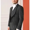 Men's Suits Black Fashion Male Shawl Lapel Long Jacket With Double Breasted Cotton And Linen Wedding Suit For Men 3 Piece Slim Fit